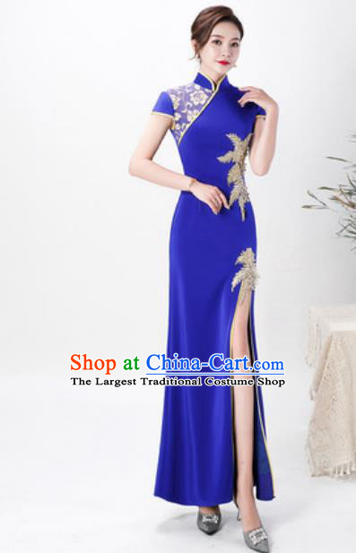 Chinese Chorus Royalblue Full Dress Traditional National Compere Cheongsam Costume for Women