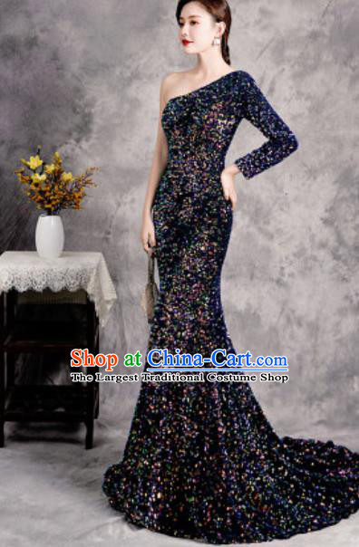 Top Compere Navy Single Shoulder Full Dress Evening Party Costume for Women