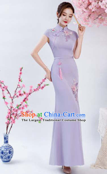 Chinese Chorus Embroidered Peony Lilac Qipao Dress Traditional National Compere Cheongsam Costume for Women