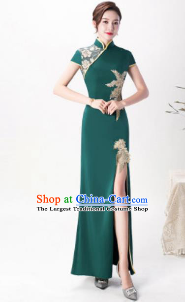 Chinese Chorus Atrovirens Full Dress Traditional National Compere Cheongsam Costume for Women