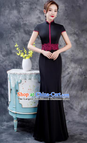 Chinese Chorus Black Full Dress Traditional National Compere Cheongsam Costume for Women