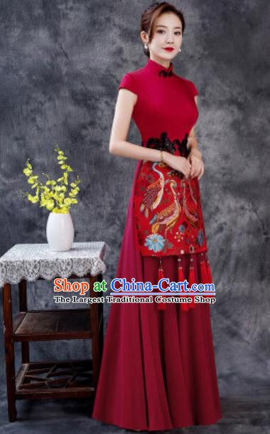 Chinese Chorus Printing Wine Red Chiffon Full Dress Traditional National Compere Cheongsam Costume for Women