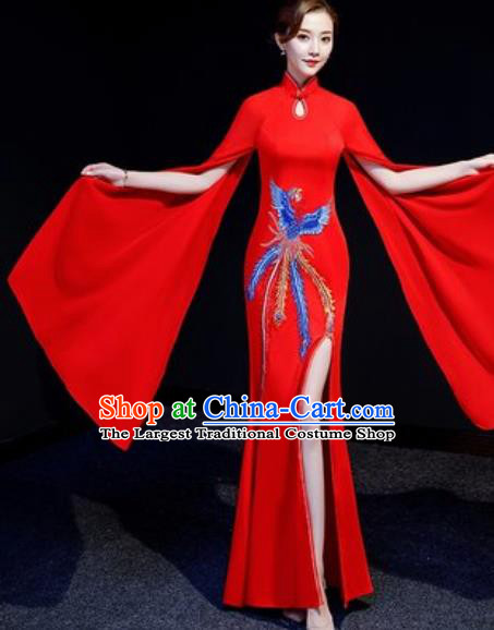 Chinese National Embroidered Phoenix Red Qipao Dress Traditional Compere Cheongsam Costume for Women