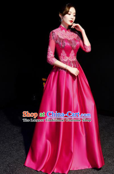 Chinese National Rosy Tassel Qipao Dress Traditional Compere Cheongsam Costume for Women