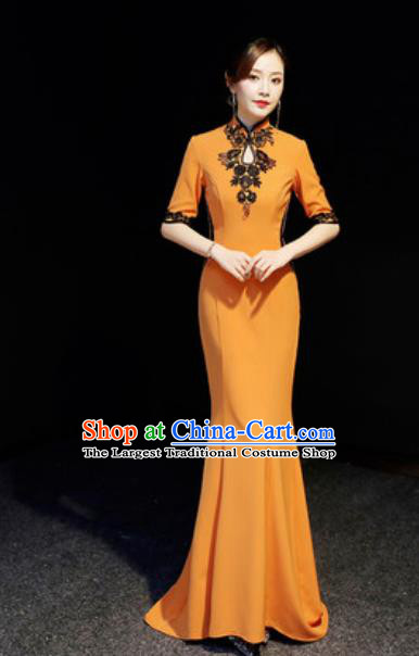 Chinese National Orange Trailing Qipao Dress Traditional Compere Cheongsam Costume for Women