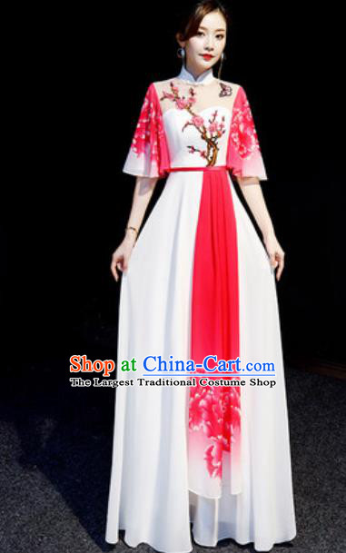 Chinese National Embroidered Plum White Qipao Dress Traditional Compere Cheongsam Costume for Women