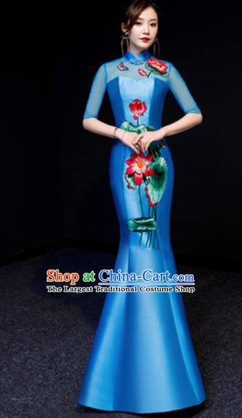 Chinese National Embroidered Lotus Blue Qipao Dress Traditional Compere Cheongsam Costume for Women