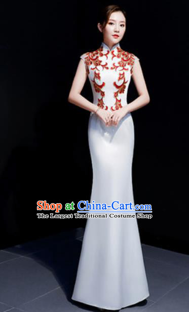 Chinese Traditional Embroidered White Qipao Dress Compere Cheongsam Costume for Women