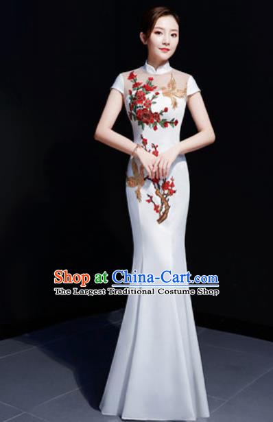 Chinese Traditional Embroidered Peony White Qipao Dress Compere Cheongsam Costume for Women