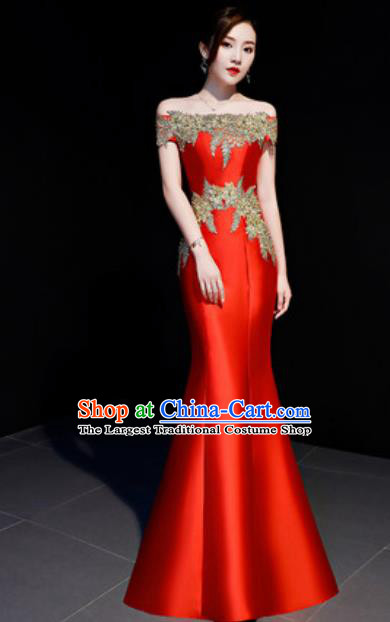 Top Compere Catwalks Embroidered Red Full Dress Evening Party Costume for Women