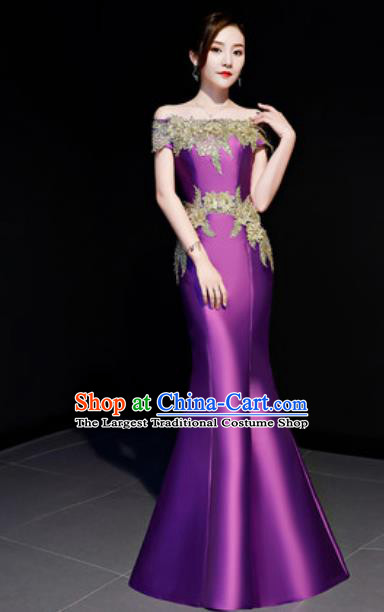 Top Compere Catwalks Embroidered Purple Full Dress Evening Party Costume for Women