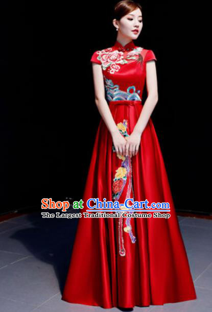 Chinese Traditional Chorus Embroidered Phoenix Peony Red Dress Compere Cheongsam Costume for Women