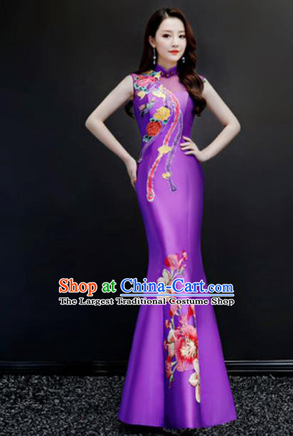 Chinese Traditional Chorus Embroidered Purple Full Dress Compere Cheongsam Costume for Women