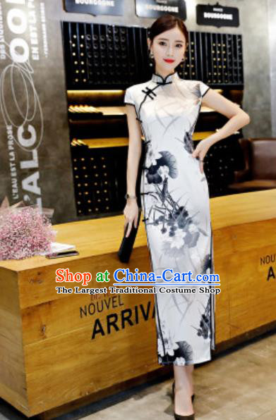 Chinese Traditional Ink Painting Lotus White Qipao Dress Compere Cheongsam Costume for Women