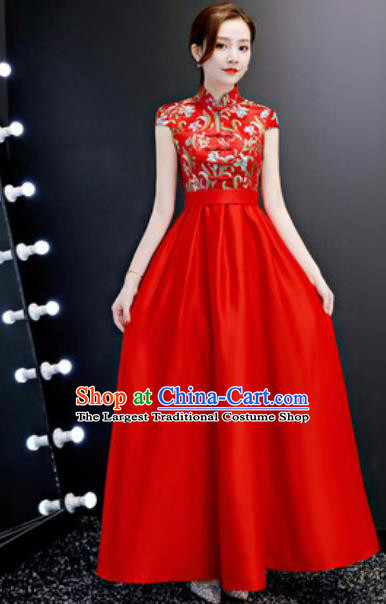 Chinese Traditional Red Qipao Dress Compere Cheongsam Costume for Women