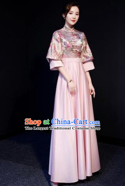 Chinese Traditional Bridesmaid Embroidered Pink Full Dress Spring Festival Gala Compere Cheongsam Costume for Women