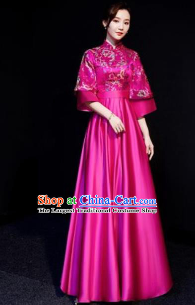 Chinese Traditional Bridesmaid Embroidered Rosy Full Dress Spring Festival Gala Compere Cheongsam Costume for Women