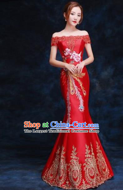 Top Compere Catwalks Embroidered Mangnolia Red Full Dress Evening Party Compere Costume for Women