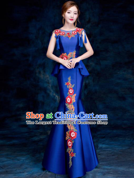 Top Compere Catwalks Embroidered Peony Royalblue Full Dress Evening Party Compere Costume for Women