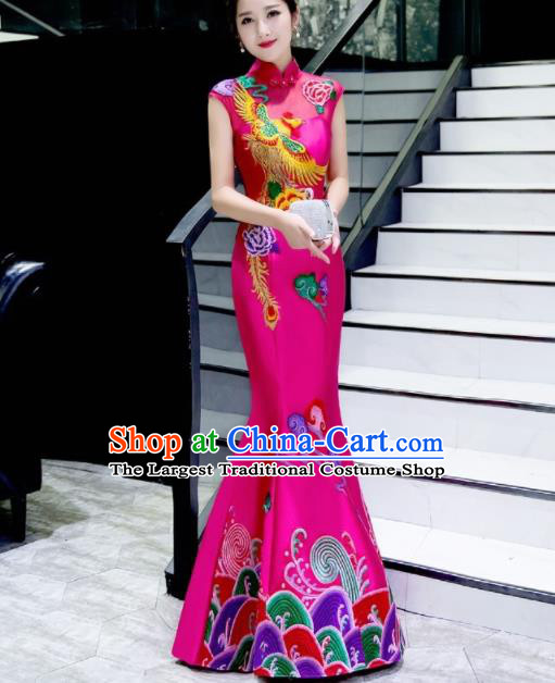 Chinese Traditional Embroidered Phoenix Peony Rosy Qipao Dress Compere Cheongsam Costume for Women