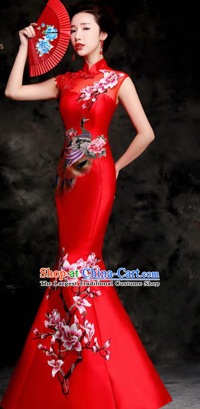 Chinese Traditional Embroidered Peacock Mangnolia Red Qipao Dress Compere Cheongsam Costume for Women