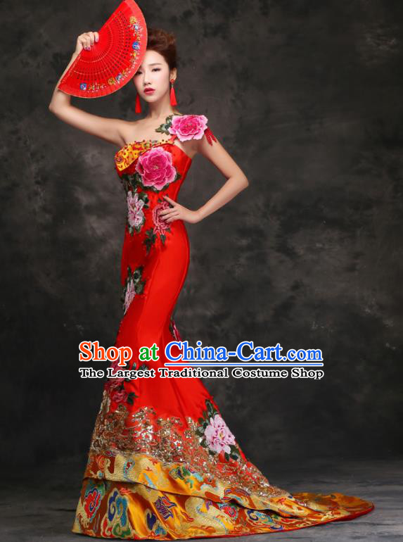 Chinese Traditional Embroidered Peony Red Trailing Qipao Dress Compere Cheongsam Costume for Women