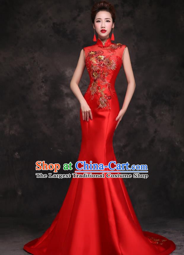 Chinese Traditional Wedding Embroidered Phoenix Red Qipao Dress Compere Cheongsam Costume for Women