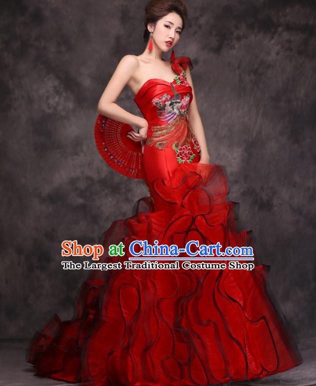 Chinese Traditional Wedding Embroidered Peacock Peony Red Qipao Dress Compere Cheongsam Costume for Women