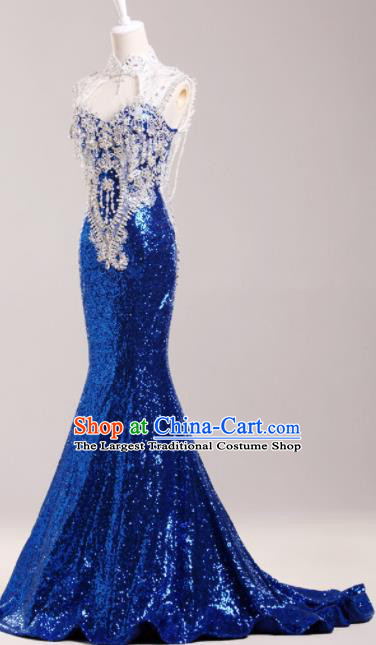 Top Compere Catwalks Royalblue Diamante Sequins Full Dress Evening Party Compere Costume for Women