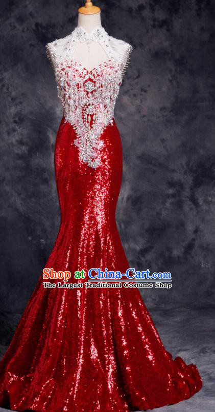 Top Compere Catwalks Red Diamante Sequins Full Dress Evening Party Compere Costume for Women