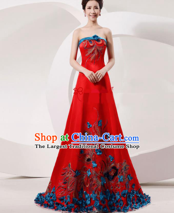 Chinese Traditional Wedding Bride Red Full Dress Compere Cheongsam Costume for Women