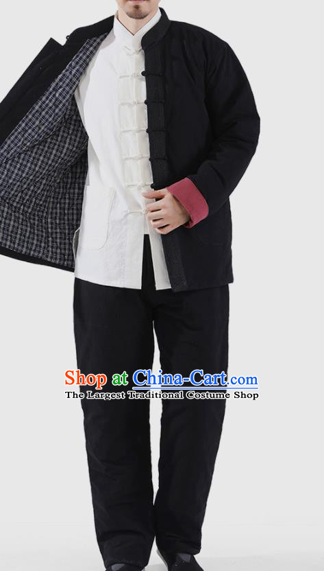 Chinese National Black Cotton Wadded Jacket and Pants Traditional Tang Suit Martial Arts Costumes Complete Set for Men