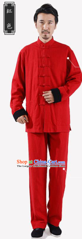 Chinese National Red Flax Jacket and Pants Traditional Tang Suit Martial Arts Costumes Complete Set for Men