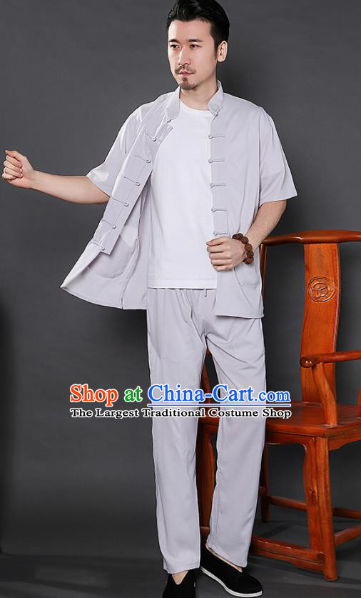 Chinese National Light Grey Shirt and Pants Traditional Tang Suit Martial Arts Costumes Complete Set for Men