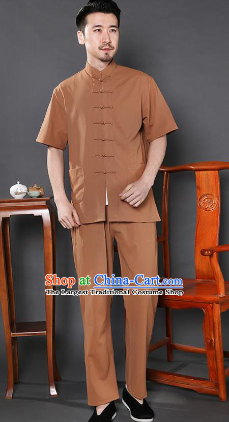 Chinese National Ginger Shirt and Pants Traditional Tang Suit Martial Arts Costumes Complete Set for Men