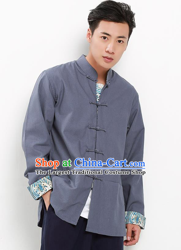 Chinese National Tang Suit Grey Flax Shirt Traditional Martial Arts Upper Outer Garment Costumes for Men