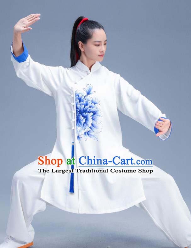 Chinese Traditional Kung Fu Competition Printing Peony White Garment Outfits Martial Arts Stage Show Costumes for Women