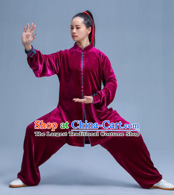 Chinese Traditional Kung Fu Wine Red Velvet Garment Outfits Martial Arts Stage Show Costumes for Women