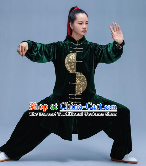 Chinese Traditional Kung Fu Deep Green Velvet Garment Outfits Martial Arts Stage Show Costumes for Women