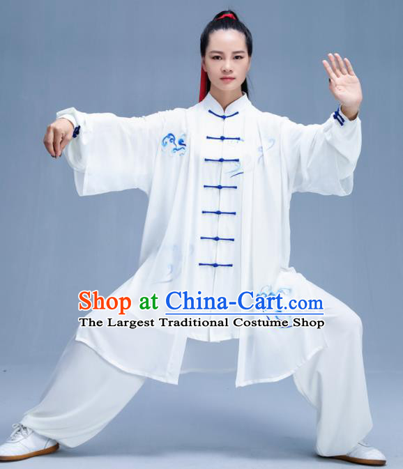 Chinese Traditional Kung Fu Embroidered Cloud White Garment Outfits Martial Arts Stage Show Costumes for Women