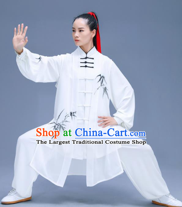 Chinese Traditional Kung Fu Training Ink Painting Bamboo White Garment Outfits Martial Arts Stage Show Costumes for Women