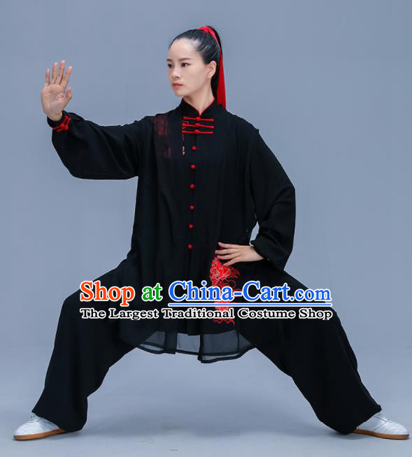 Chinese Traditional Kung Fu Training Embroidered Peony Black Garment Outfits Martial Arts Stage Show Costumes for Women