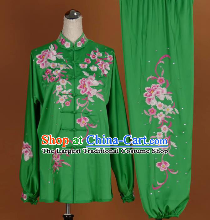 Chinese Tai Chi Embroidered Peony Green Garment Outfits Traditional Kung Fu Martial Arts Training Costumes for Women