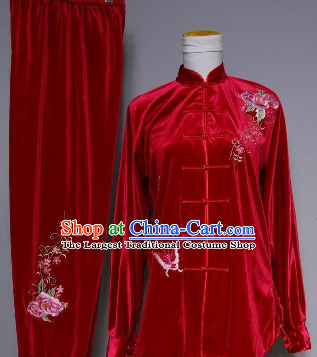 Chinese Tai Chi Embroidered Peony Butterfly Red Velvet Garment Outfits Traditional Kung Fu Martial Arts Training Costumes for Adult