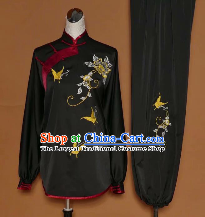 Chinese Tai Chi Embroidered Peony Butterfly Black Silk Garment Outfits Traditional Kung Fu Martial Arts Training Costumes for Women