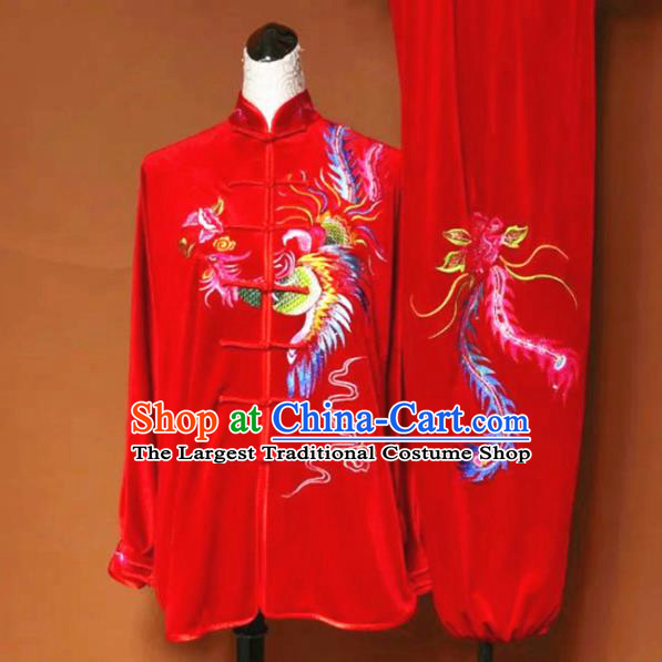 Chinese Tai Chi Embroidered Phoenix Red Velvet Garment Outfits Traditional Kung Fu Martial Arts Training Costumes for Women