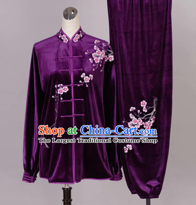 Chinese Tai Chi Embroidered Plum Purple Velvet Garment Outfits Traditional Kung Fu Martial Arts Training Costumes for Adult