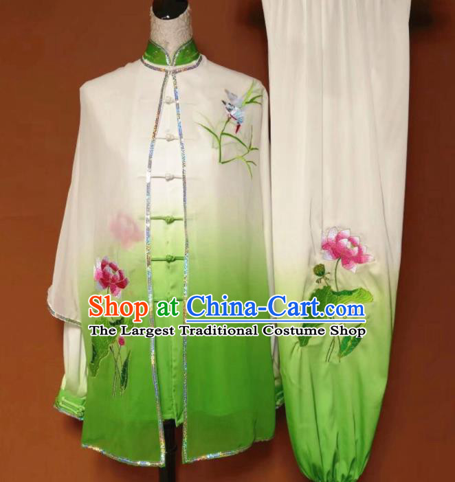 Chinese Tai Chi Changquan Embroidered Lotus Green Garment Outfits Traditional Kung Fu Martial Arts Costumes for Adult