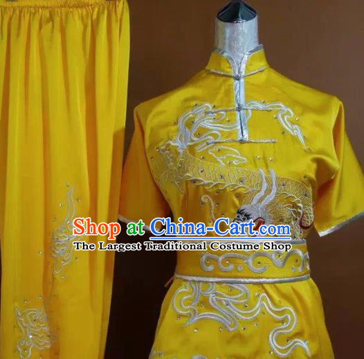 Chinese Martial Arts Changquan Embroidered Dragon Yellow Garment Outfits Traditional Tai Chi Kung Fu Costumes for Adult