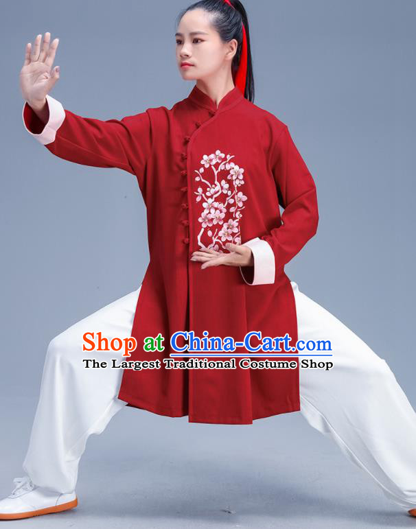 Chinese Traditional Kung Fu Stage Show Printing Plum Red Outfits Martial Arts Competition Costumes for Women